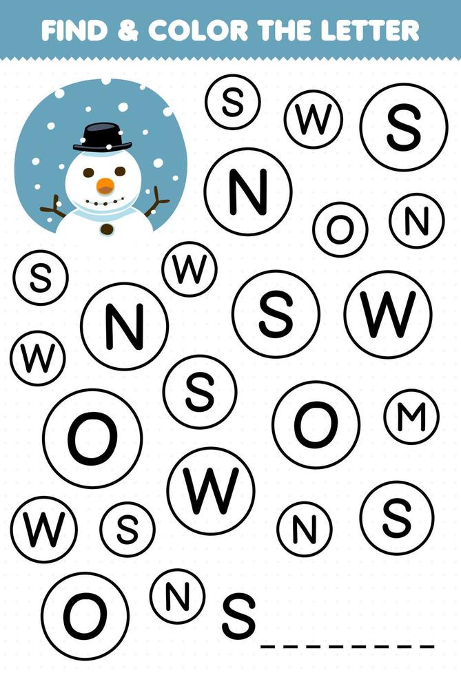 Education game for children find and color letter S for snowman printable winter worksheet vector