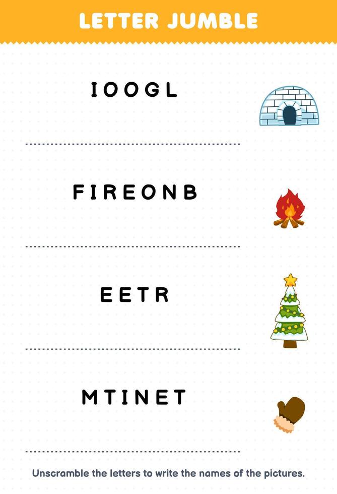 Education game for children letter jumble write the correct name for cute cartoon igloo bonfire tree mitten printable winter worksheet vector