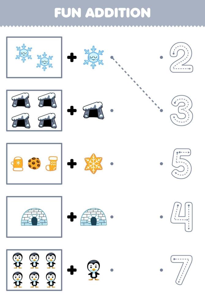 Education game for children fun counting and add one more cartoon snowflake den cookie igloo penguin then choose the correct number winter worksheet vector