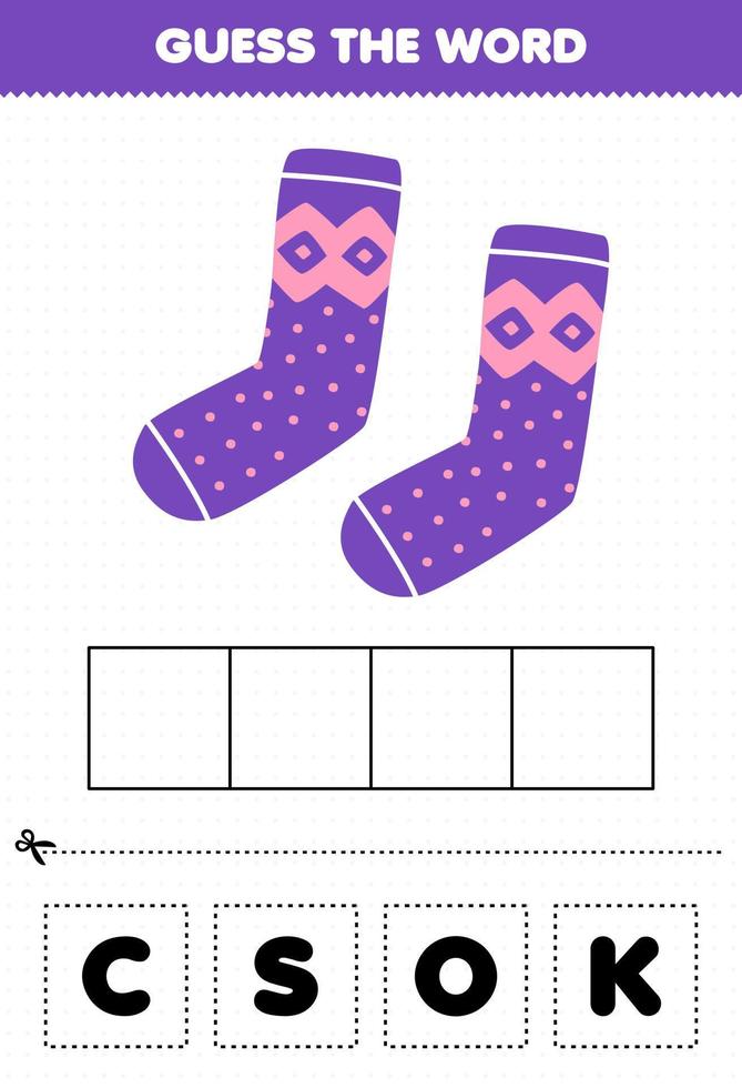 Education game for children guess the word letters practicing of cute cartoon sock printable winter worksheet vector