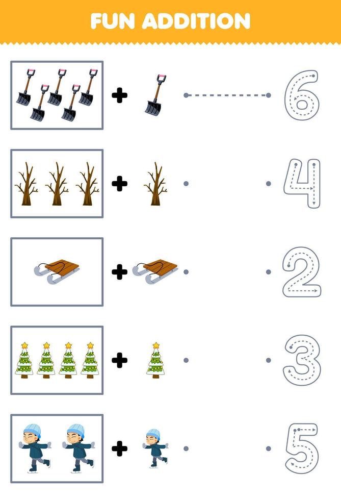 Education game for children fun counting and add one more cartoon shovel christmas tree sled boy playing ice skating then choose the correct number winter worksheet vector