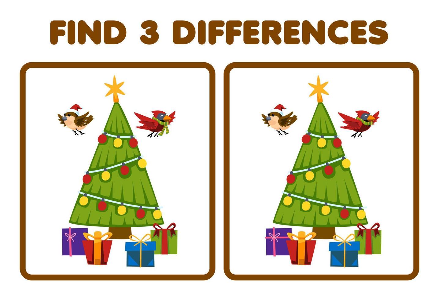 juego educativo para niños encuentra tres diferencias entre dos lindos dibujos animados árbol de navidad hoja de trabajo de invierno imprimible vector