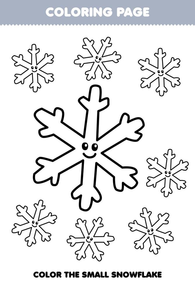 Education game for children coloring page big or small picture of cute cartoon snowflake line art printable winter worksheet vector