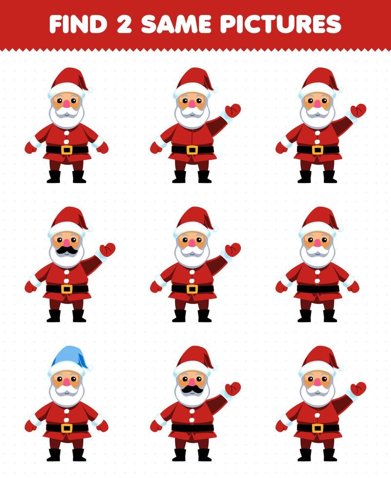 Education game for children find two same pictures of cute cartoon santa printable winter worksheet vector