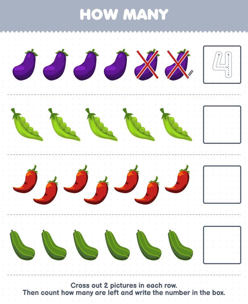 Education game for children count how many cartoon eggplant pea chilli cucumber and write the number in the box printable vegetable worksheet vector