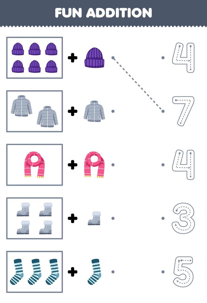 Education game for children fun counting and add one more cartoon beanie coat scarf boot sock then choose the correct number winter worksheet vector