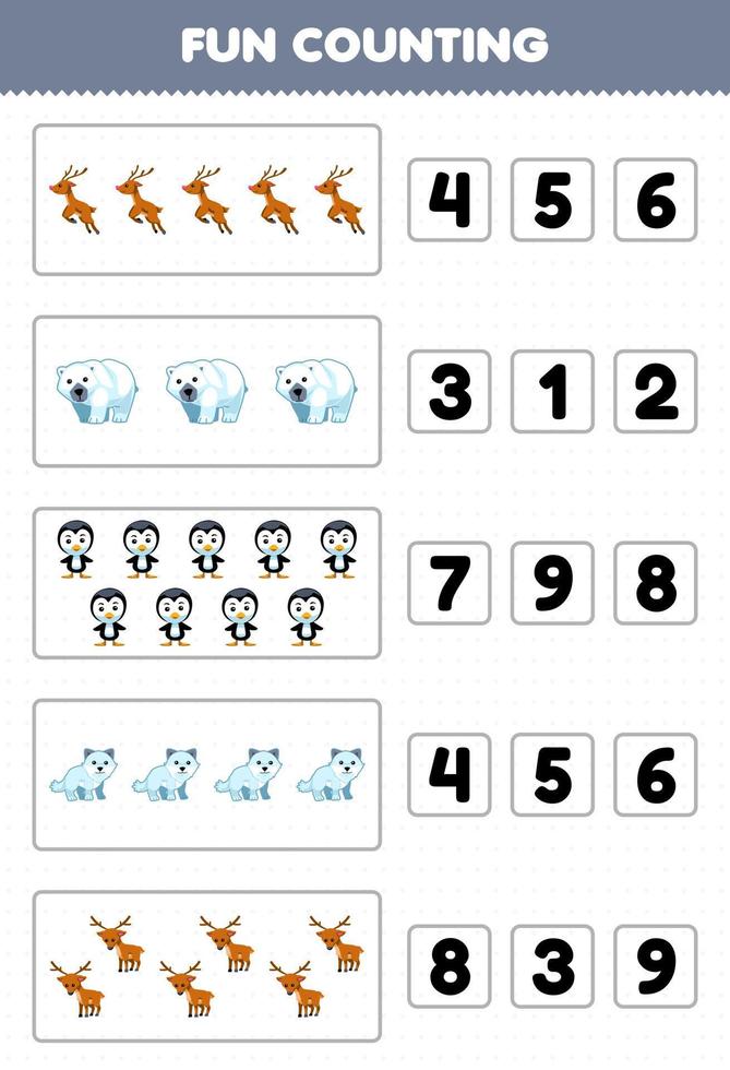 Education game for children fun counting and choosing the correct number of cute cartoon deer polar bear penguin arctic fox printable winter worksheet vector