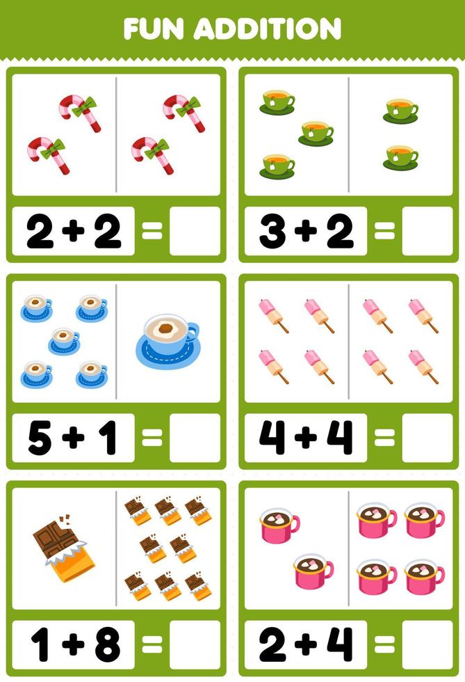 Education game for children fun addition by counting and sum of cute cartoon candy tea coffee marshmallow chocolate printable winter worksheet vector