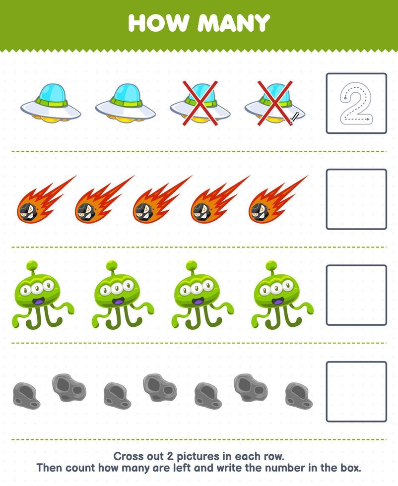 Education game for children count how many cute cartoon ufo comet alien asteroid and write the number in the box printable solar system worksheet vector