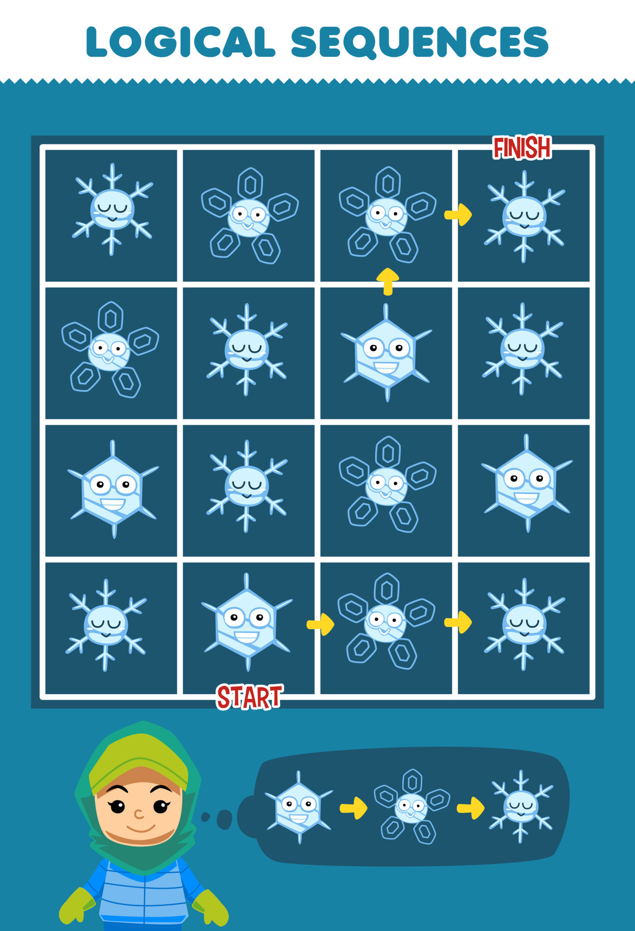 Education game for children logical sequence help girl sort snowflake