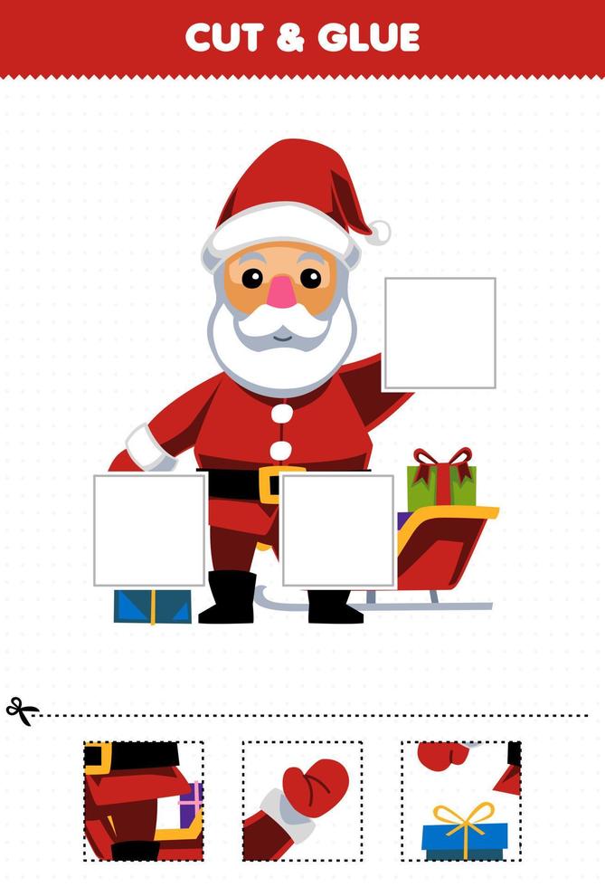 Education game for children cut and glue cut parts of cute cartoon santa and glue them printable winter worksheet vector