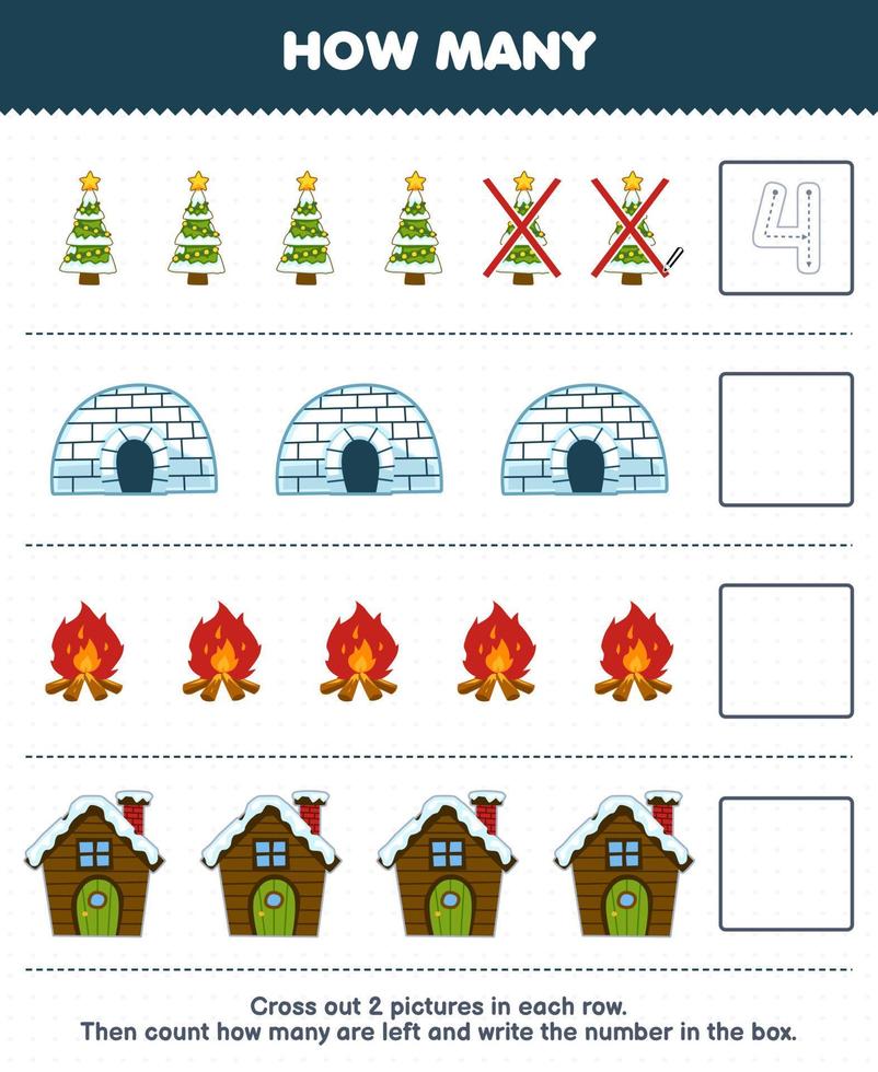 Education game for children count how many cute cartoon christmas tree igloo bonfire house and write the number in the box printable winter worksheet vector