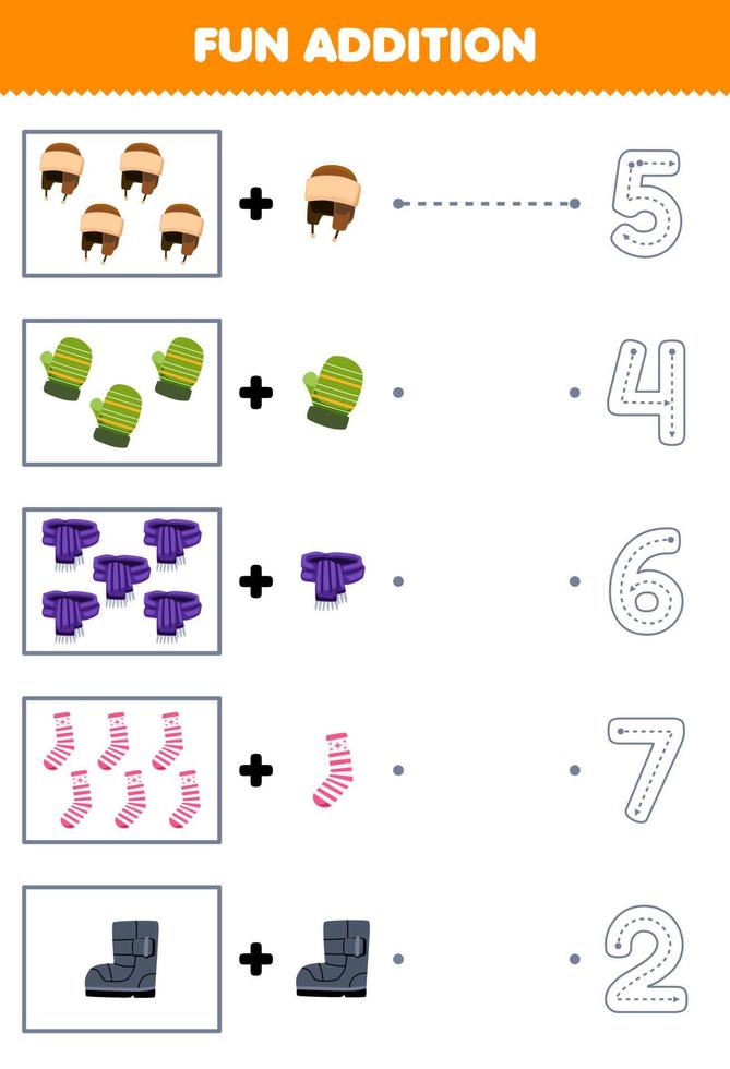 Education game for children fun counting and add one more cartoon beanie mitten scarf sock boot then choose the correct number winter worksheet vector