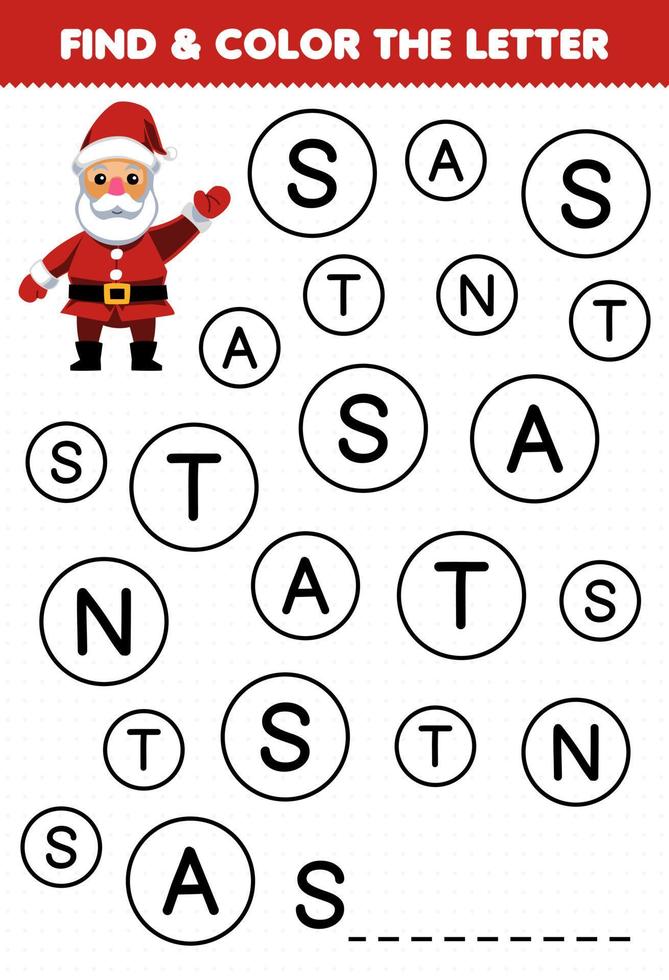 Education game for children find and color letter S for santa printable winter worksheet vector