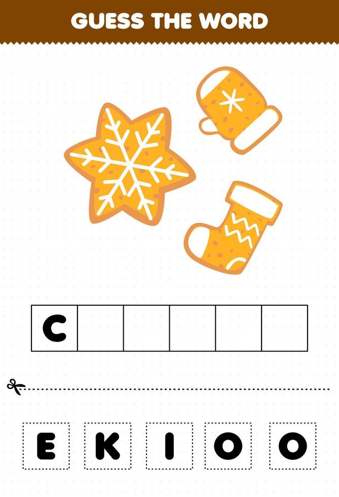 Education game for children guess the word letters practicing of cute cartoon cookie with snowflake mitten and sock shape printable winter worksheet vector