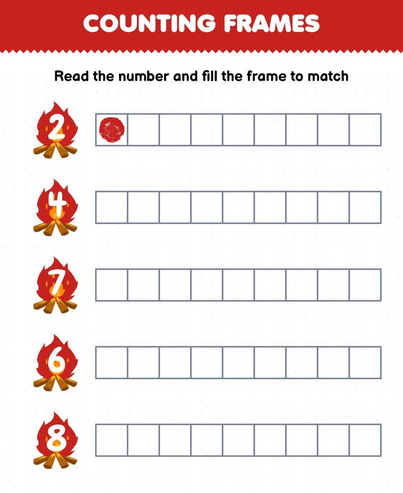 Educational game for kids read the number and fill the frames from cute cartoon red bonfire printable winter worksheet vector