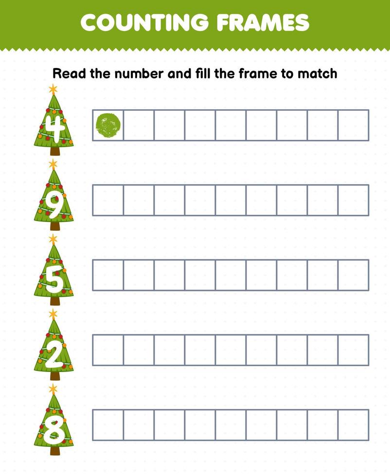 Educational game for kids read the number and fill the frames from cute cartoon christmas tree printable winter worksheet vector
