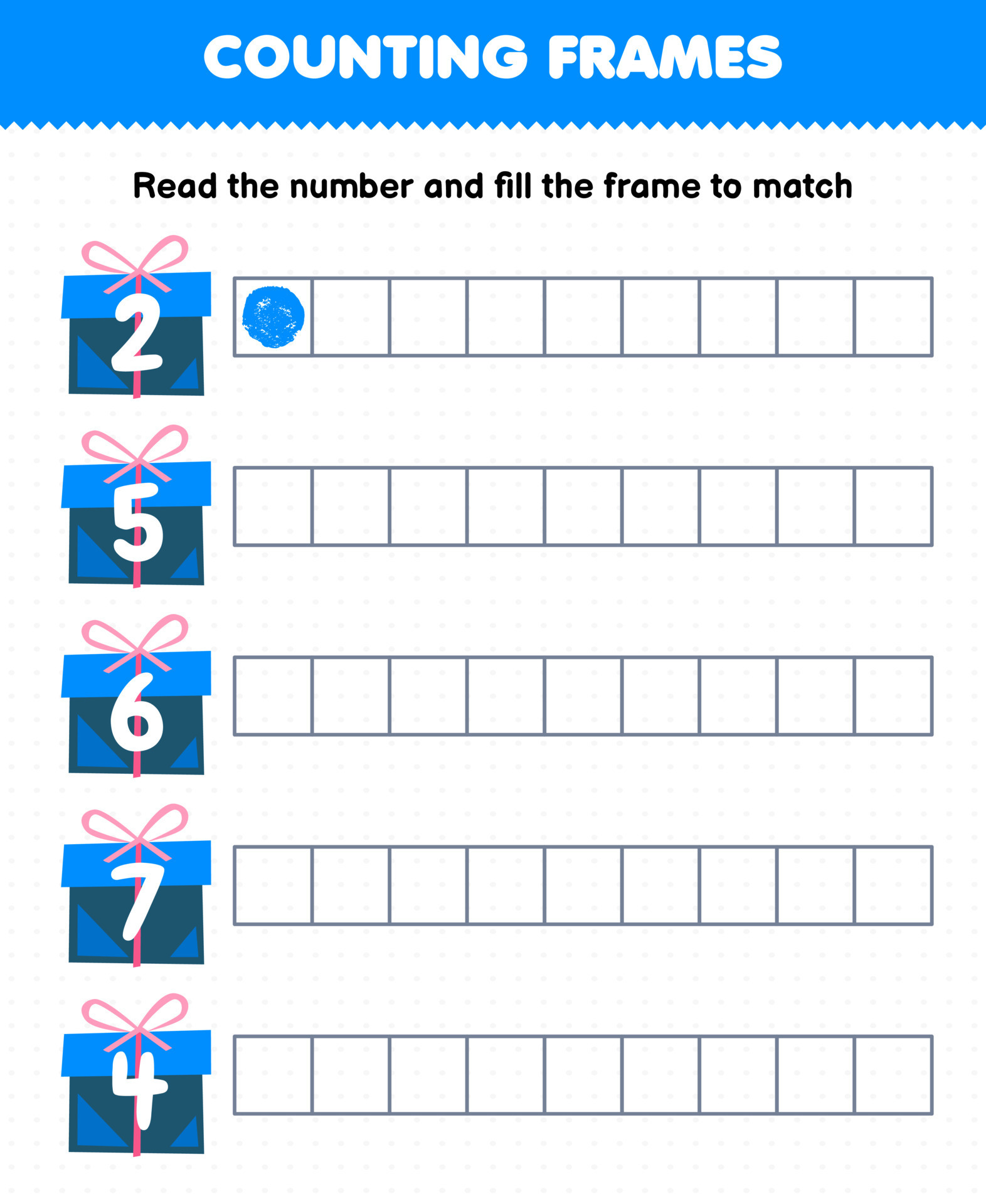 Educational game for kids read the number and fill the frames from cute