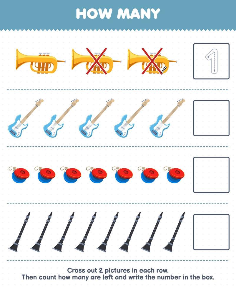 juego educativo para niños cuente cuántos dibujos animados trompeta bajo guitarra castañuela clarinete y escriba el número en el cuadro hoja de trabajo de instrumento musical imprimible vector