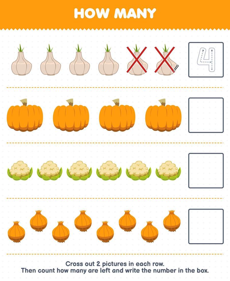 Education game for children count how many cartoon garlic pumpkin cauliflower onion and write the number in the box printable vegetable worksheet vector