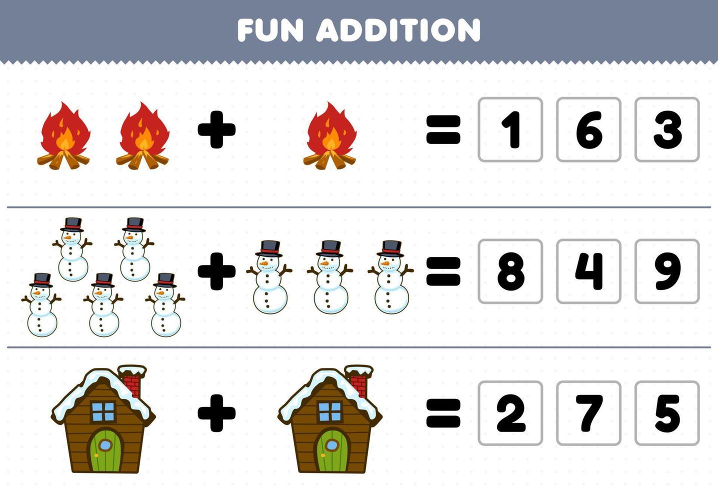 Education game for children fun addition by guess the correct number of cute cartoon bonfire snowman house printable winter worksheet vector