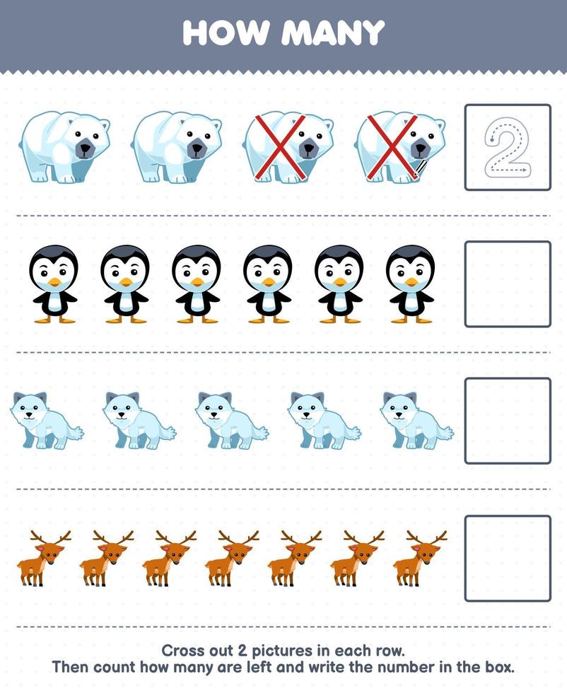 Education game for children count how many cute cartoon polar bear penguin arctic fox deer and write the number in the box printable winter worksheet vector
