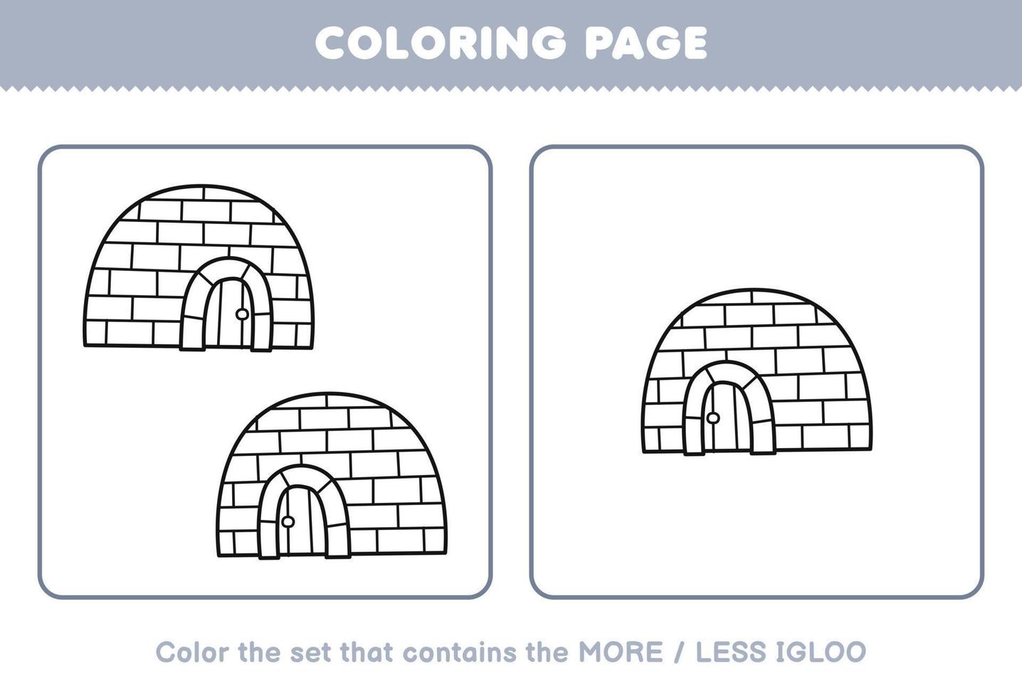 Education game for children coloring page more or less picture of cute cartoon igloo line art set printable winter worksheet vector