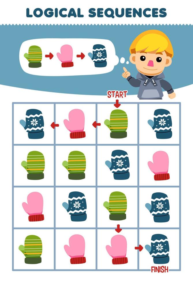 Education game for children logical sequence help boy sort mitten from start to finish printable winter worksheet vector