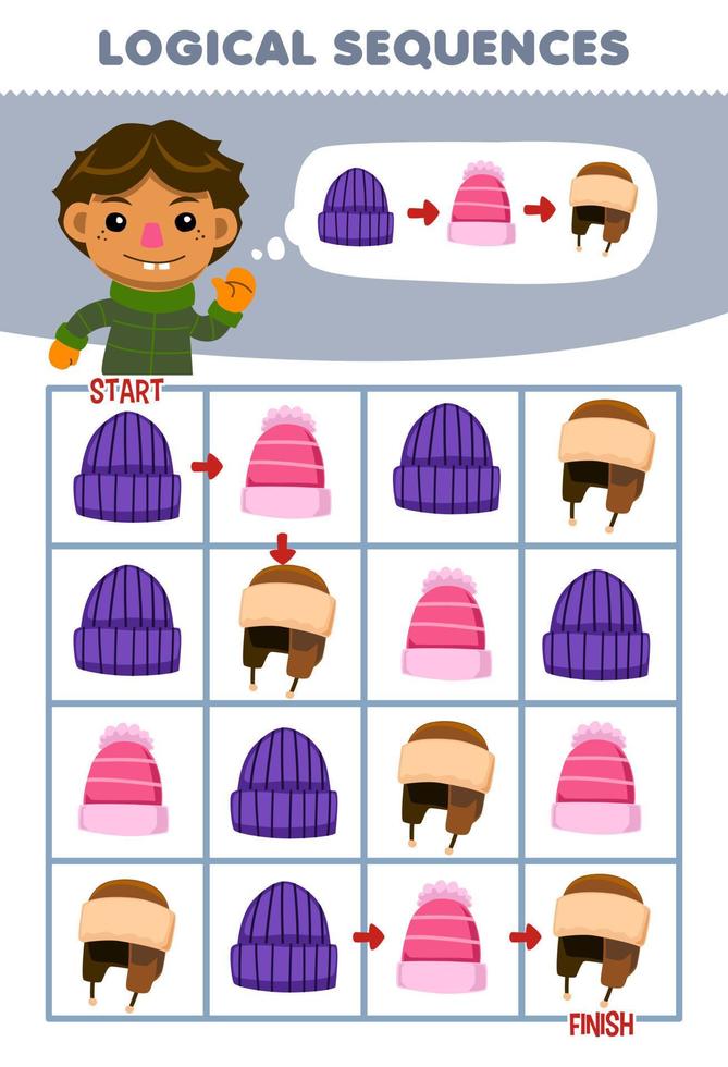 Education game for children logical sequence help boy sort beanie hat from start to finish printable winter worksheet vector
