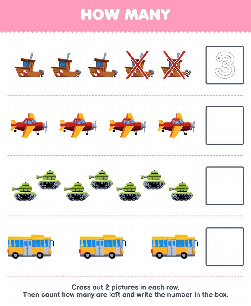 juego educativo para niños cuente cuántos lindos dibujos animados barco avión tanque autobús y escriba el número en el cuadro hoja de trabajo de transporte imprimible vector