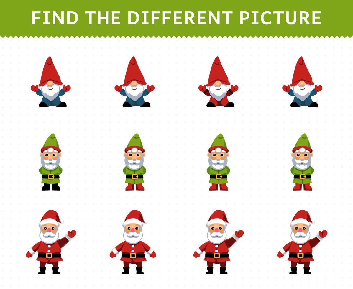 Education game for children find the different picture in each row of cute cartoon gnome and santa printable winter worksheet vector