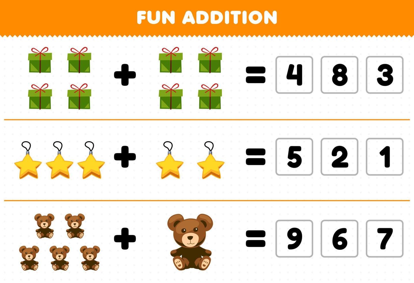 Education game for children fun addition by guess the correct number of cute cartoon gift box star ornament teddy bear printable winter worksheet vector