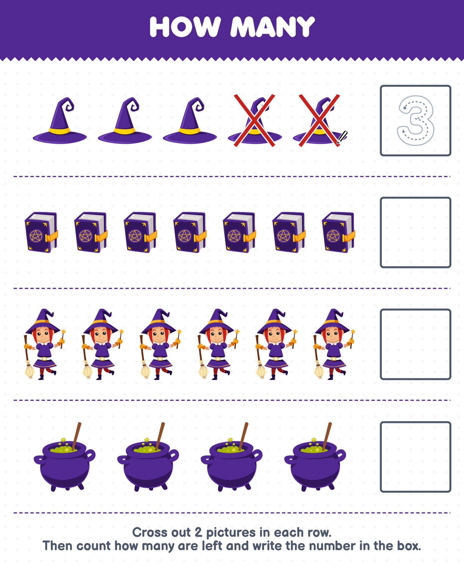 Education game for children count how many cute cartoon witch hat spell  book cauldron and write the number in the box printable halloween worksheet  14660308 Vector Art at Vecteezy