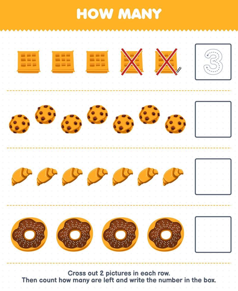 juego educativo para niños cuente cuántos donuts de croissant de galleta de gofre de dibujos animados y escriba el número en el cuadro hoja de trabajo de comida imprimible vector