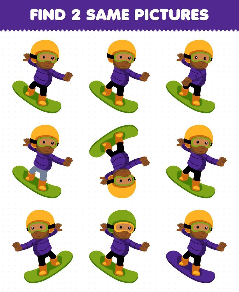 juego educativo para niños encuentra dos imágenes iguales de lindo niño de dibujos animados jugando snowboard hoja de trabajo de invierno imprimible vector