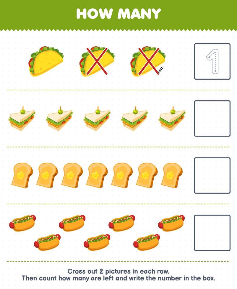 Education game for children count how many cartoon taco sandwich toast hotdog and write the number in the box printable food worksheet vector