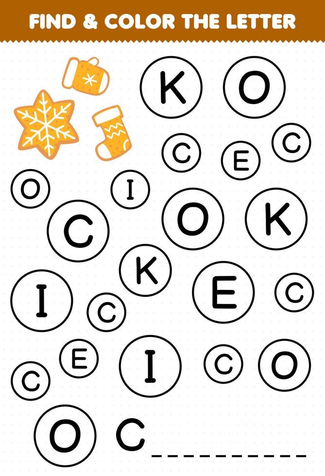 Education game for children find and color letter C for cookie printable winter worksheet vector