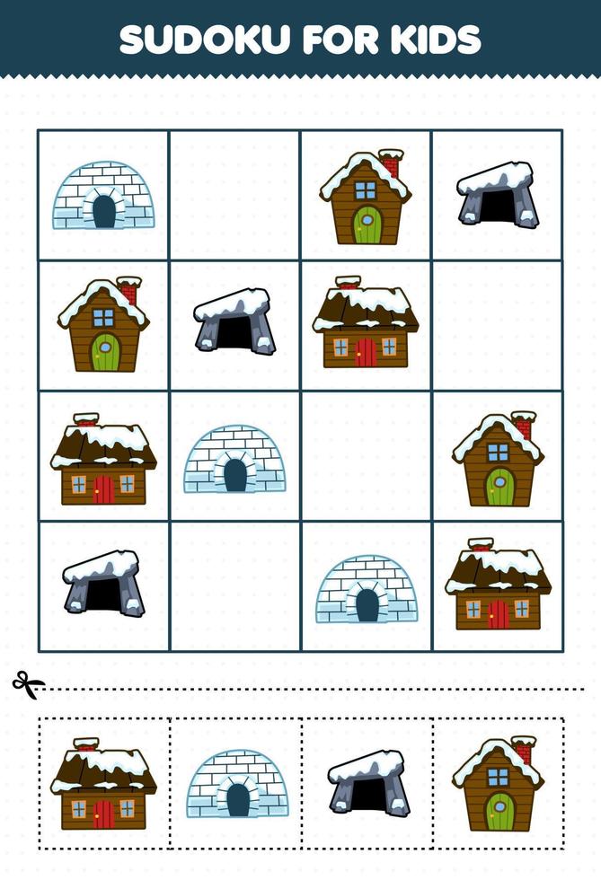 juego educativo para niños sudoku para niños con dibujos animados lindo igloo den casa nevada hoja de trabajo de invierno imprimible vector