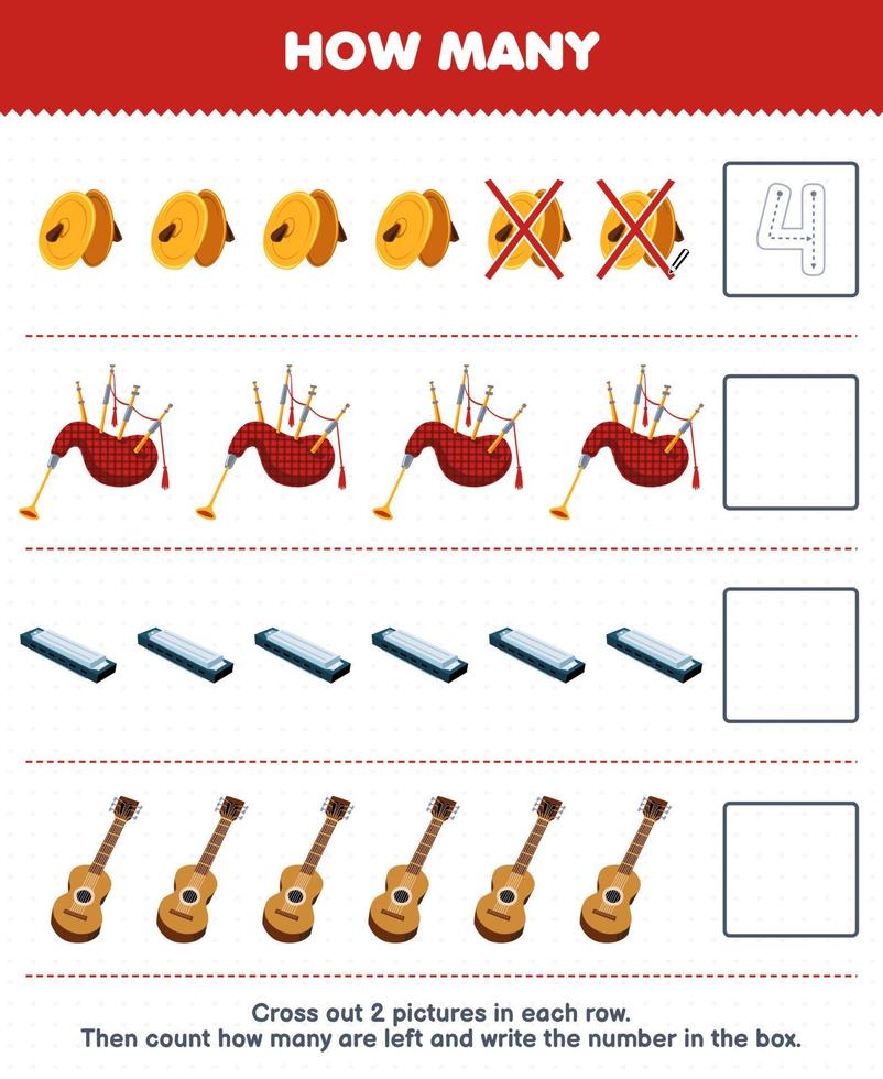 juego educativo para niños cuente cuántas gaitas de platillos de dibujos animados armónica guitarra y escriba el número en el cuadro hoja de trabajo de instrumento de música imprimible vector