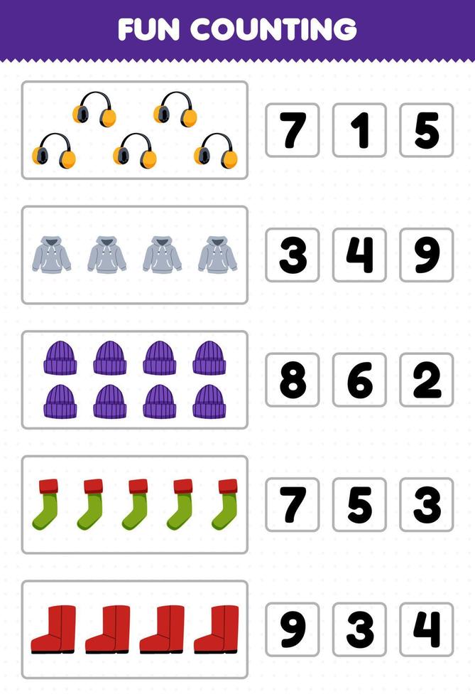 Education game for children fun counting and choosing the correct number of cute cartoon earmuff hoodie beanie sock boot printable winter worksheet vector