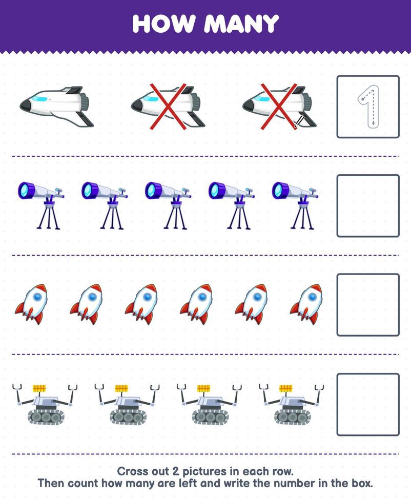 Education game for children count how many cute cartoon spaceship telescope rocket robot and write the number in the box printable solar system worksheet vector