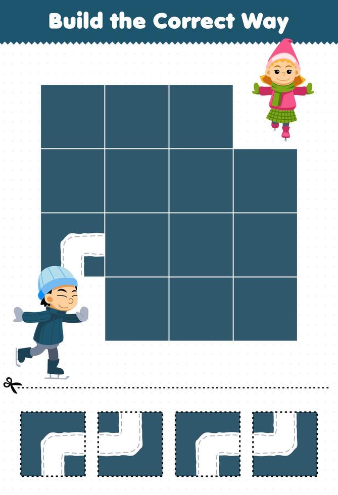 Education game for children build the correct way help cute cartoon ice skating boy move to girl printable winter worksheet vector