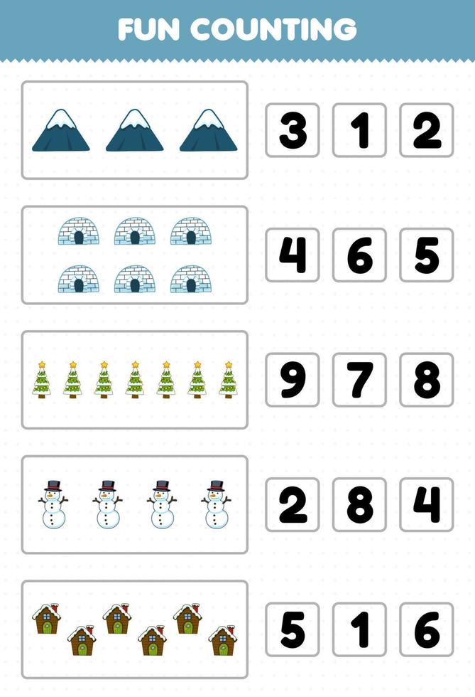 juego educativo para niños diversión contando y eligiendo el número correcto de dibujos animados lindo montaña iglú árbol muñeco de nieve casa imprimible hoja de trabajo de invierno vector