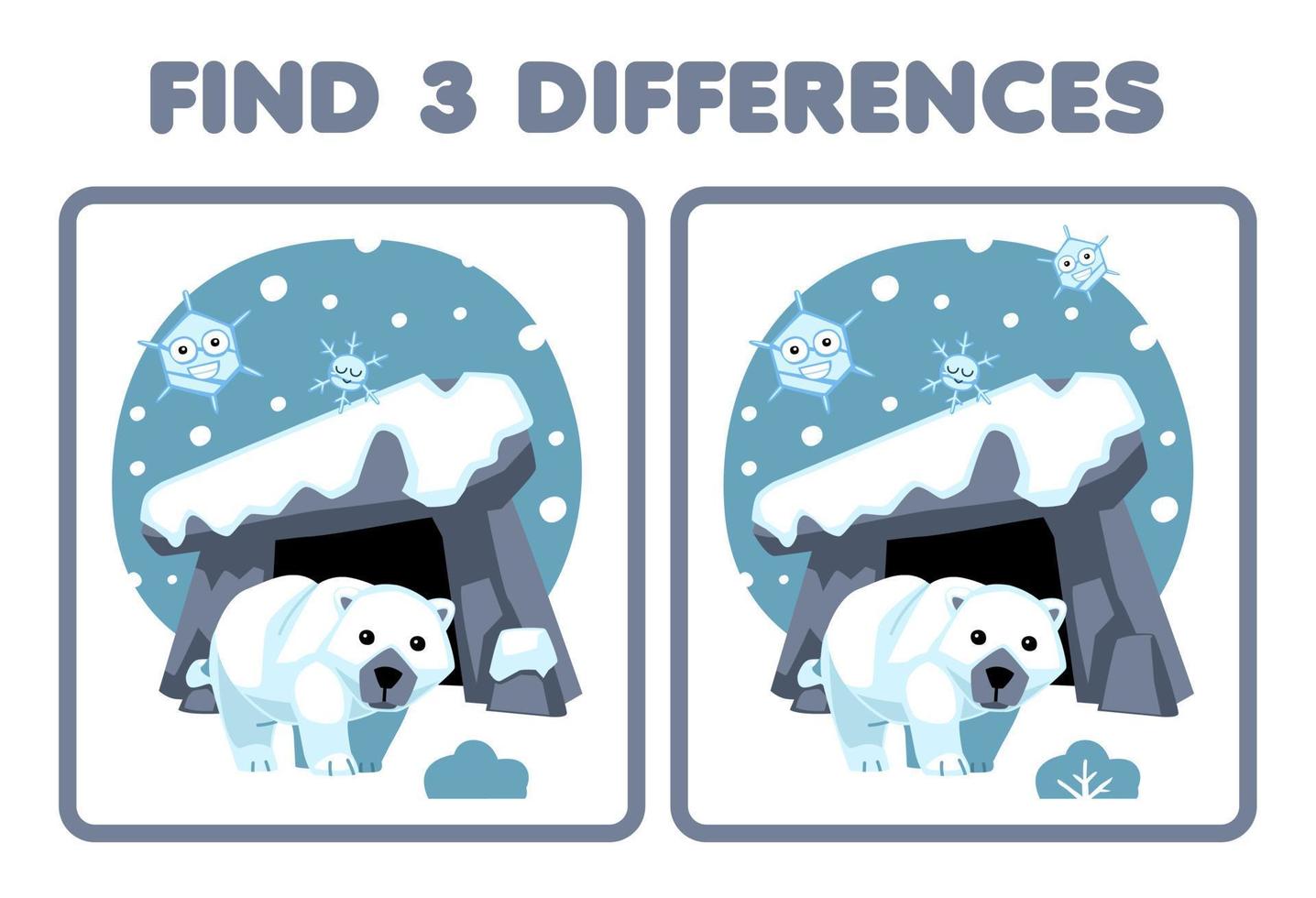 Education game for children find three differences between two cute cartoon polar bear in front of den printable winter worksheet vector