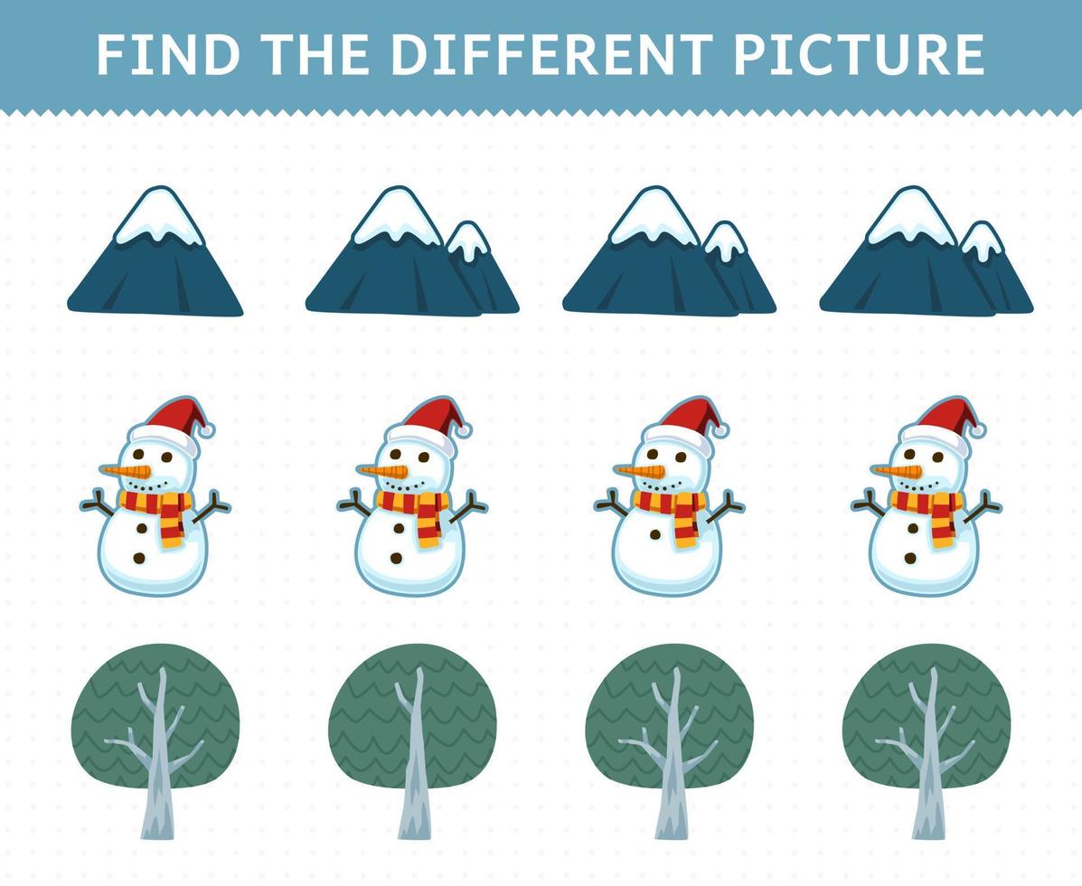 Education game for children find the different picture in each row of cute cartoon mountain snowman tree printable winter worksheet vector
