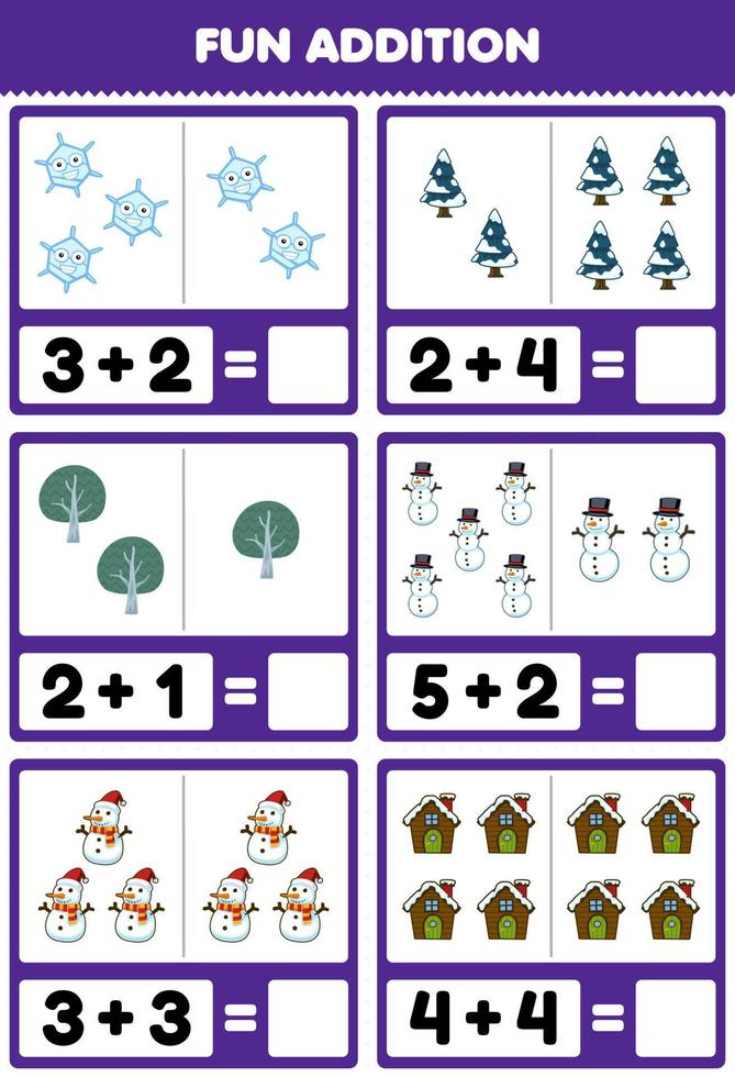 Education game for children fun addition by counting and sum of cute cartoon snowflake tree snowman house printable winter worksheet vector