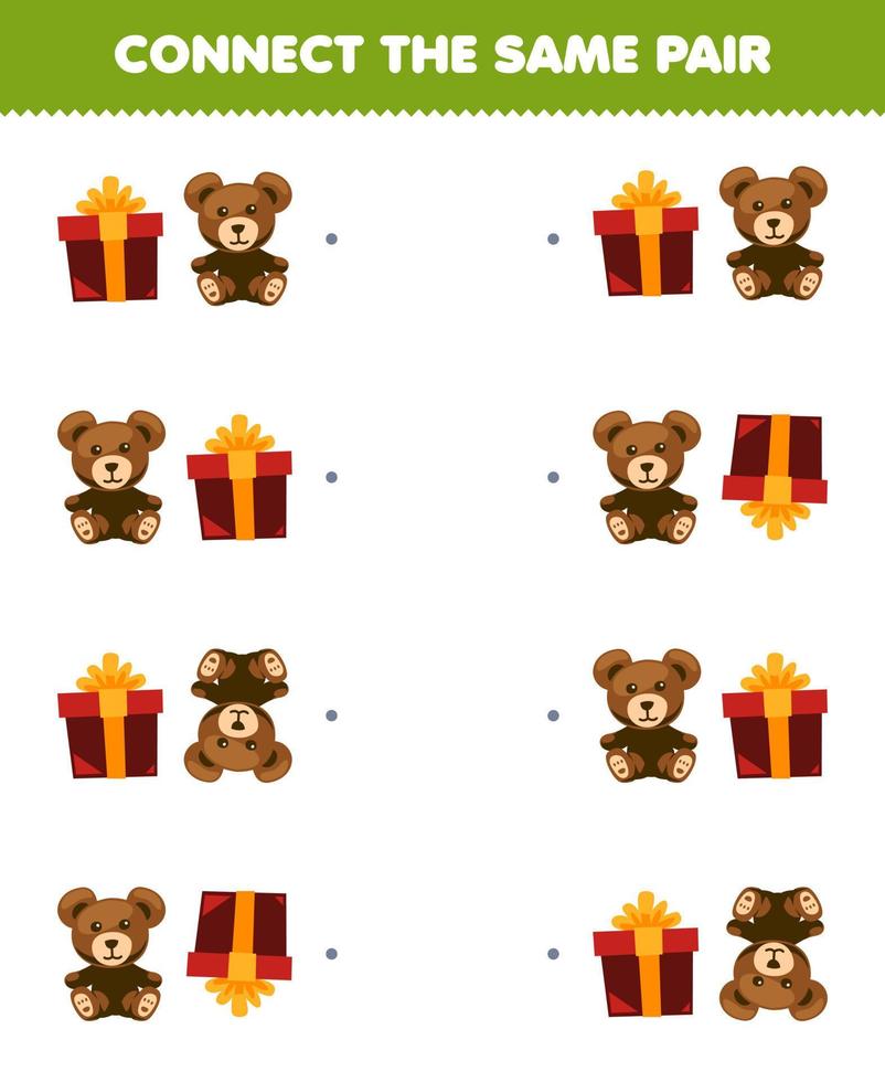 Education game for children connect the same picture of cute cartoon gift box and teddy bear pair printable winter worksheet vector