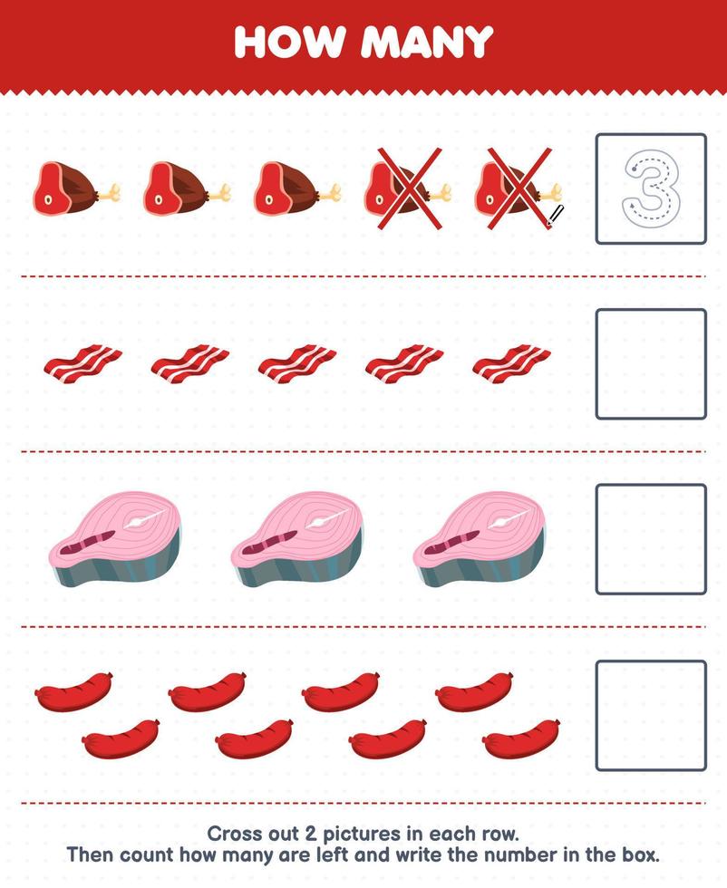 juego educativo para niños cuente cuántos dibujos animados carne de res tocino salmón carne salchicha y escriba el número en el cuadro hoja de trabajo de alimentos imprimible vector