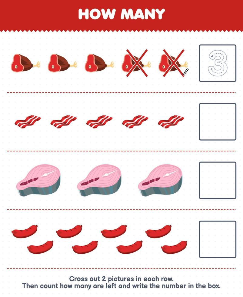 Education game for children count how many cartoon beef bacon salmon meat sausage and write the number in the box printable food worksheet vector