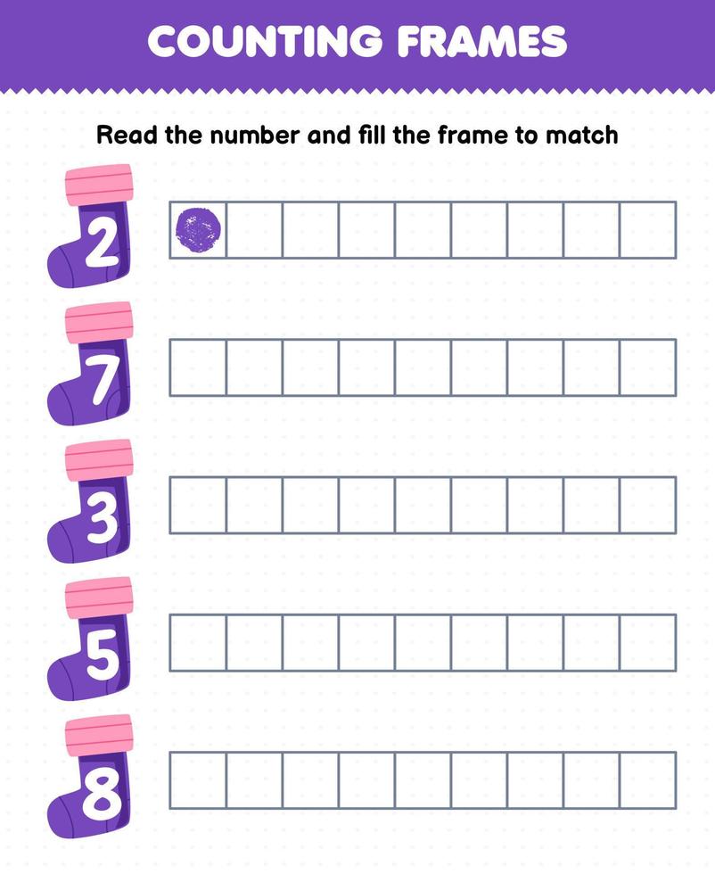 juego educativo para niños lea el número y llene los marcos de la hoja de trabajo de invierno imprimible de calcetín púrpura de dibujos animados lindo vector